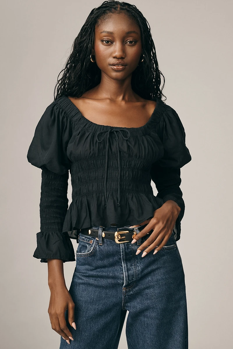 Long-Sleeve Smocked Babydoll Top