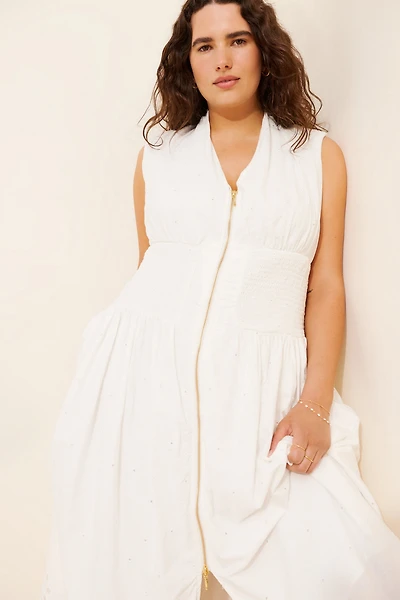 Maeve The Tommie Cap-Sleeve Smocked Front-Zip Shirt Dress: Eyelet-Trim Edition