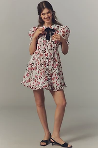 Maeve Makhoul Puff-Sleeve Collared Bow-Front Pleated Mini Dress