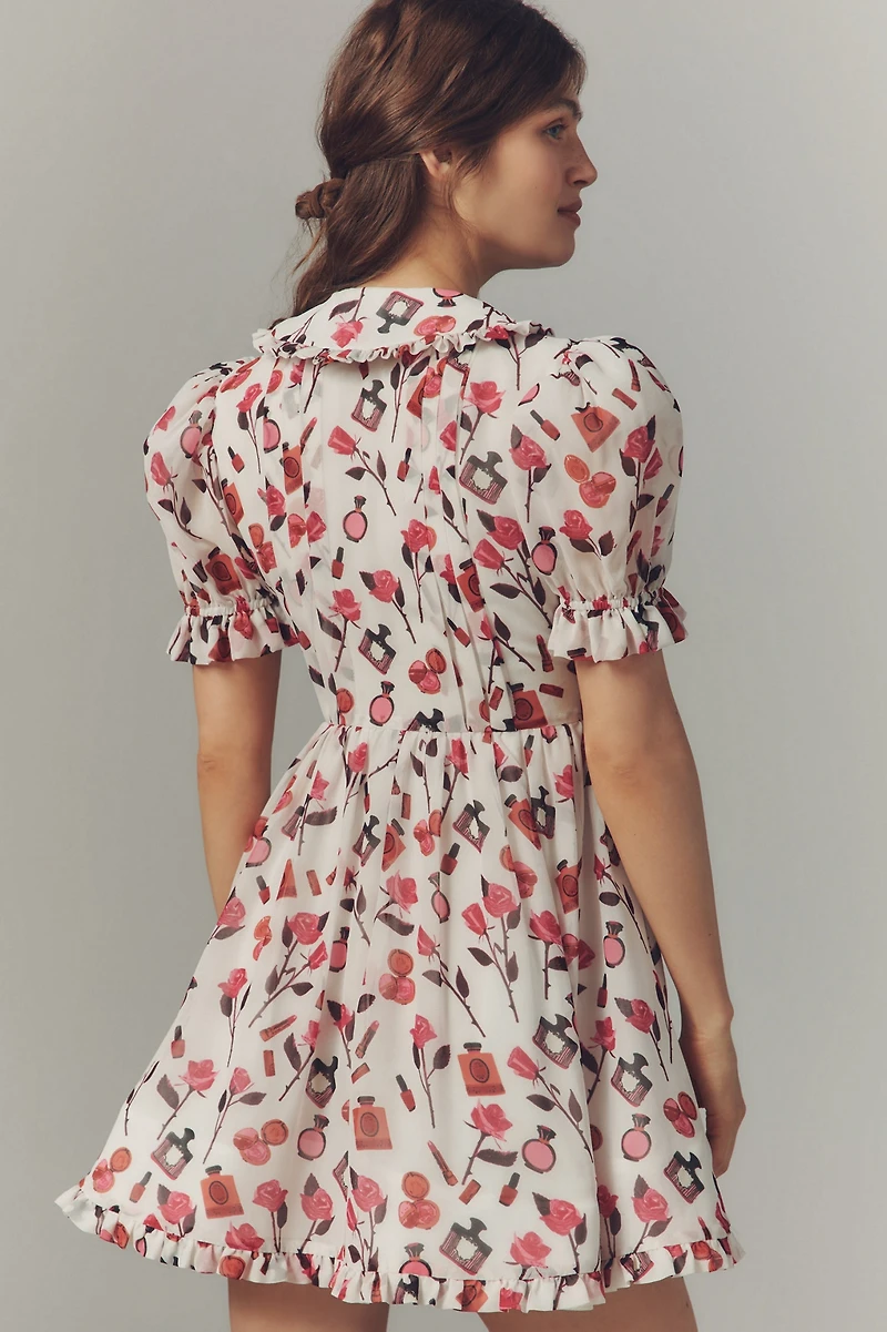 Maeve Makhoul Puff-Sleeve Collared Bow-Front Pleated Mini Dress