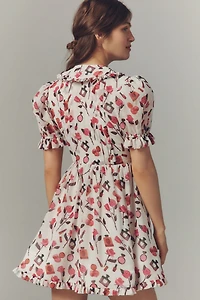 Maeve Makhoul Puff-Sleeve Collared Bow-Front Pleated Mini Dress