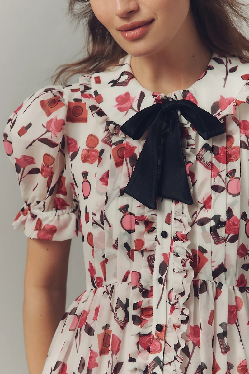 Maeve Makhoul Puff-Sleeve Collared Bow-Front Pleated Mini Dress