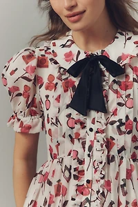 Maeve Makhoul Puff-Sleeve Collared Bow-Front Pleated Mini Dress