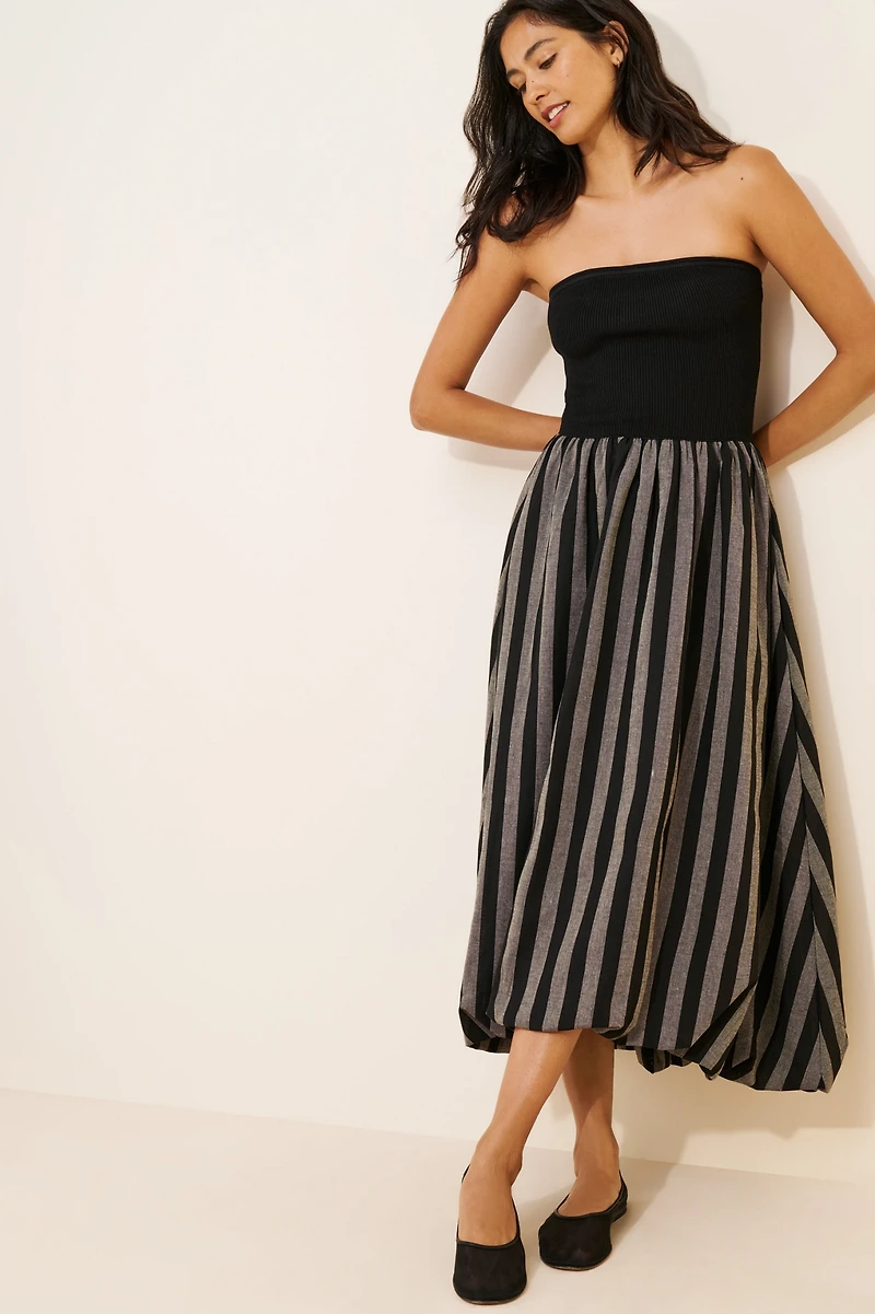 Moon River Strapless Striped Midi Dress