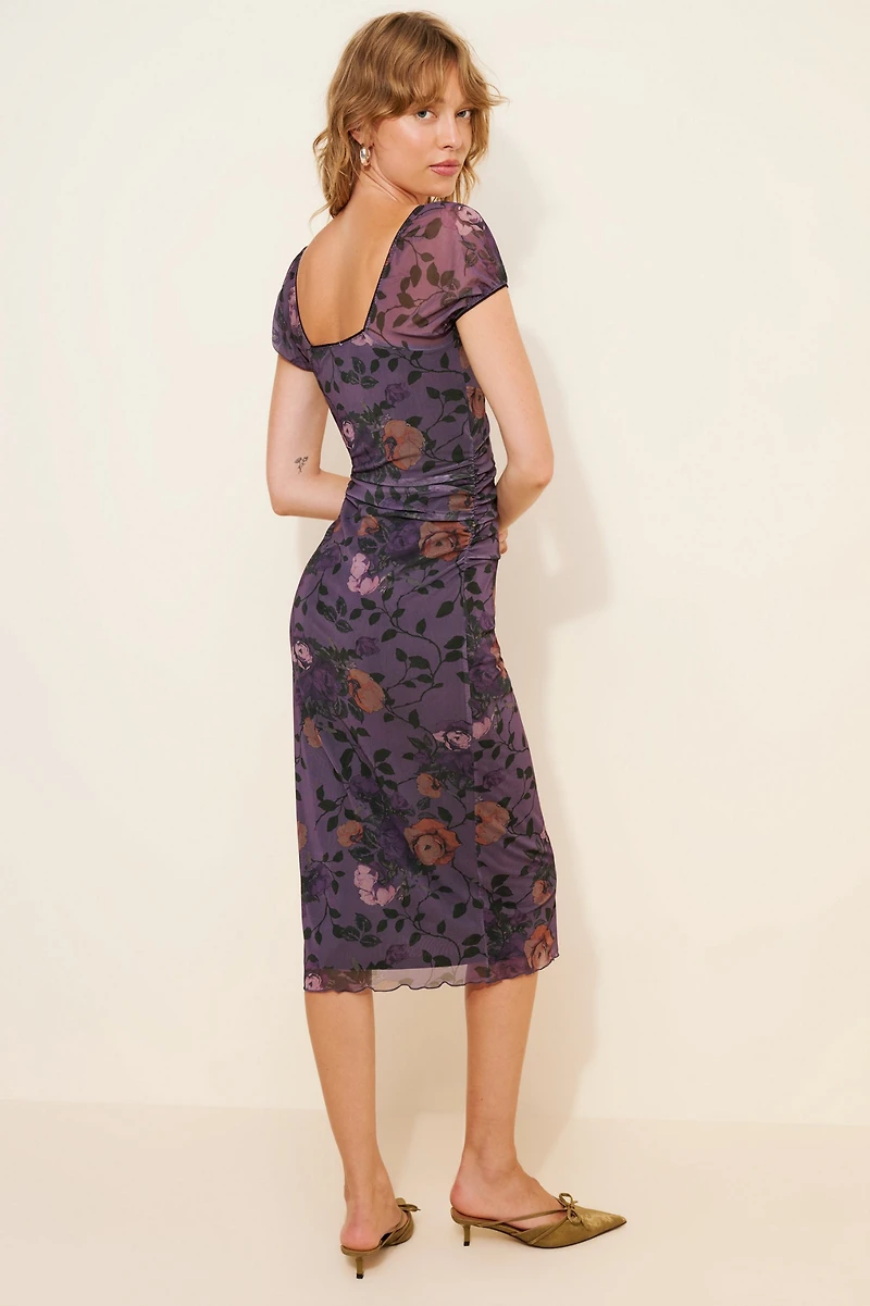Maeve Puff-Sleeve Square-Neck Mesh Midi Dress