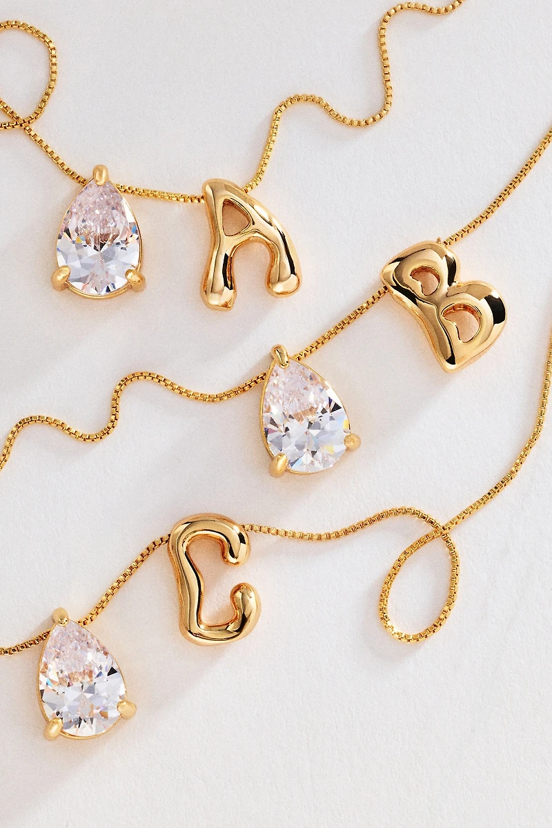 Bubble Initial and Pear-Cut Stone Necklace