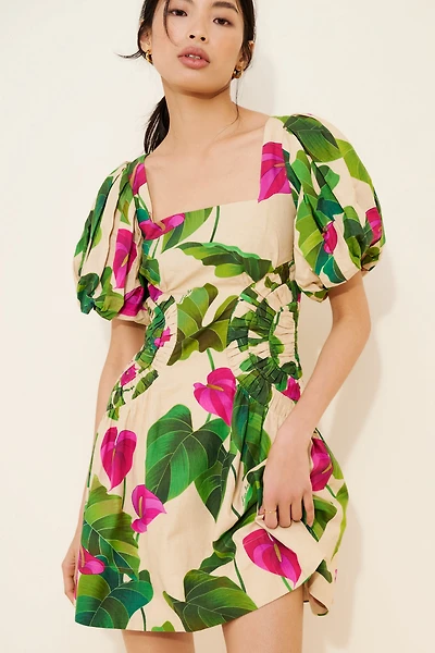 FARM Rio Anthurium Leaves Puff Sleeve Mini Dress