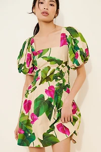 FARM Rio Anthurium Leaves Puff Sleeve Mini Dress