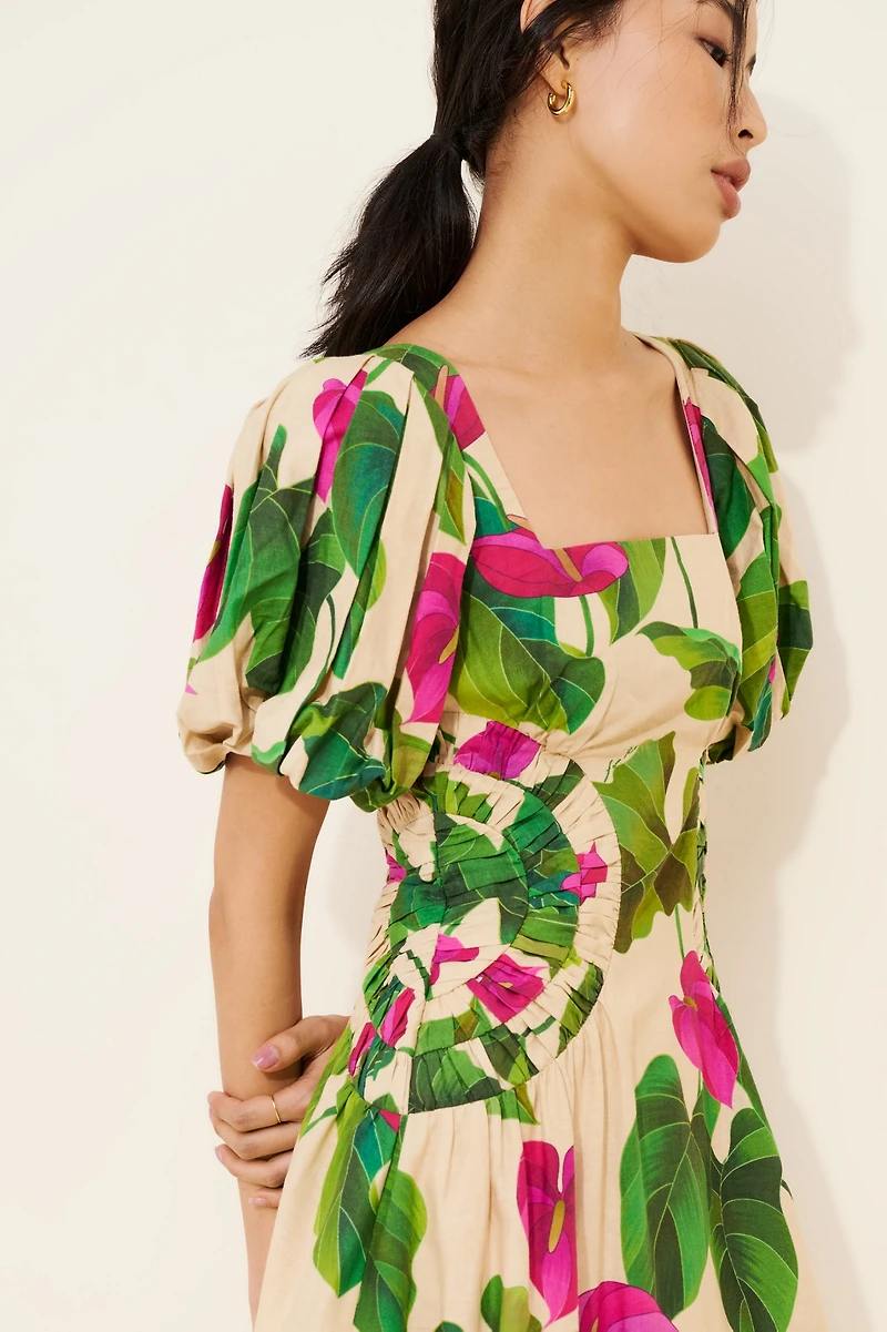 FARM Rio Anthurium Leaves Puff Sleeve Mini Dress