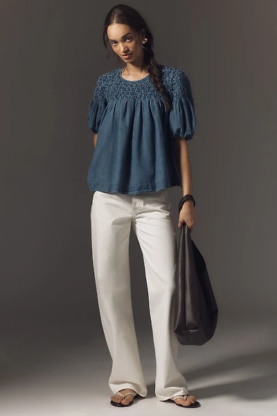 The Liza Smocked Puff-Sleeve Denim Blouse