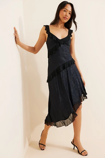 V-Neck Ruffle Asymmetrical Midi Dress