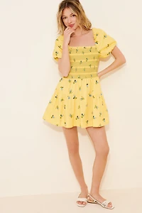 Puff-Sleeve Square-Neck Smocked Mini Dress