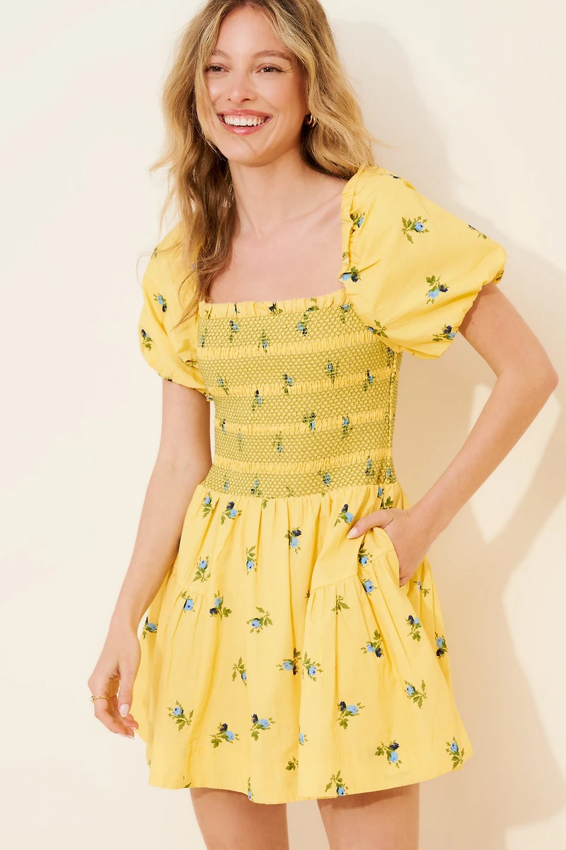 Puff-Sleeve Square-Neck Smocked Mini Dress