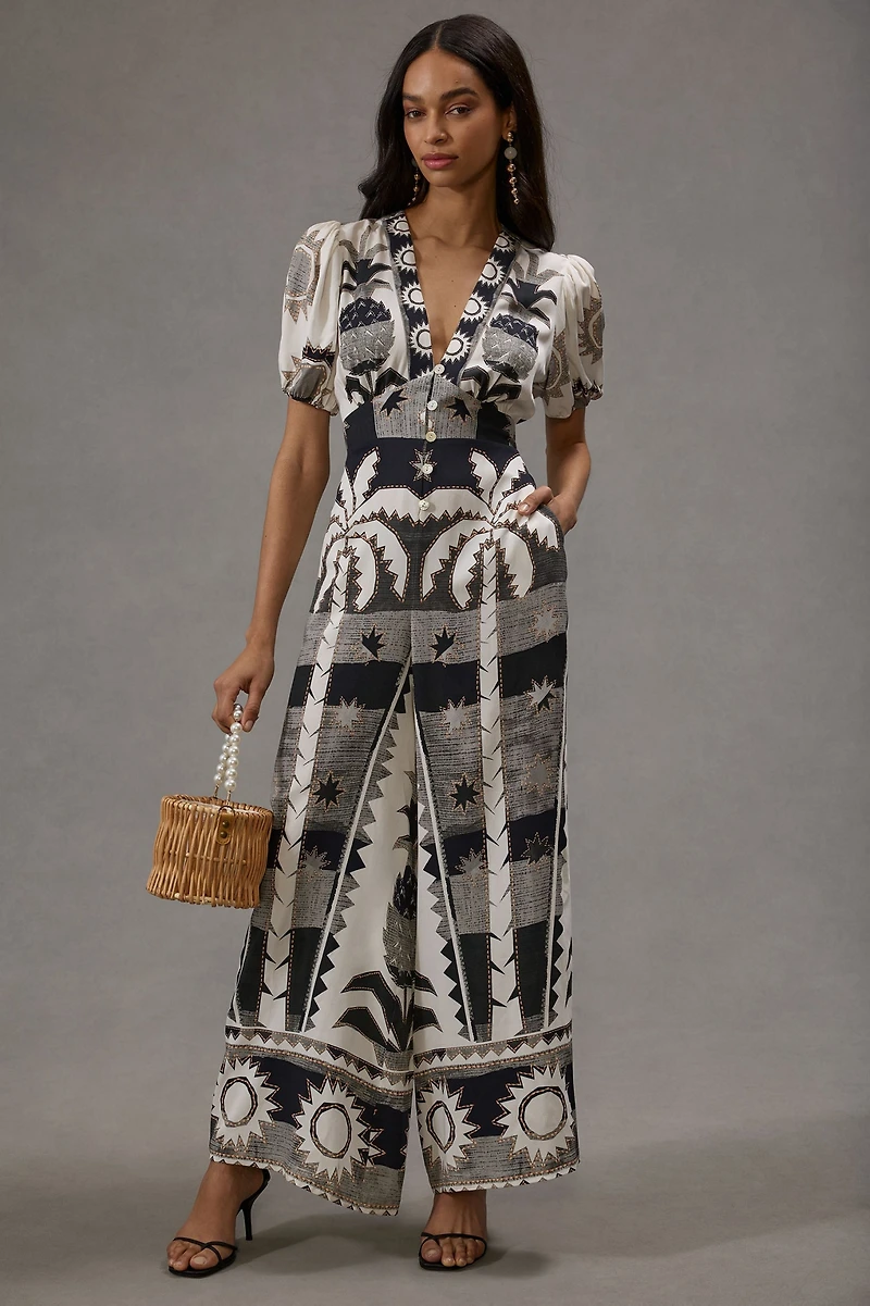FARM Rio Puff-Sleeve Linen Jumpsuit