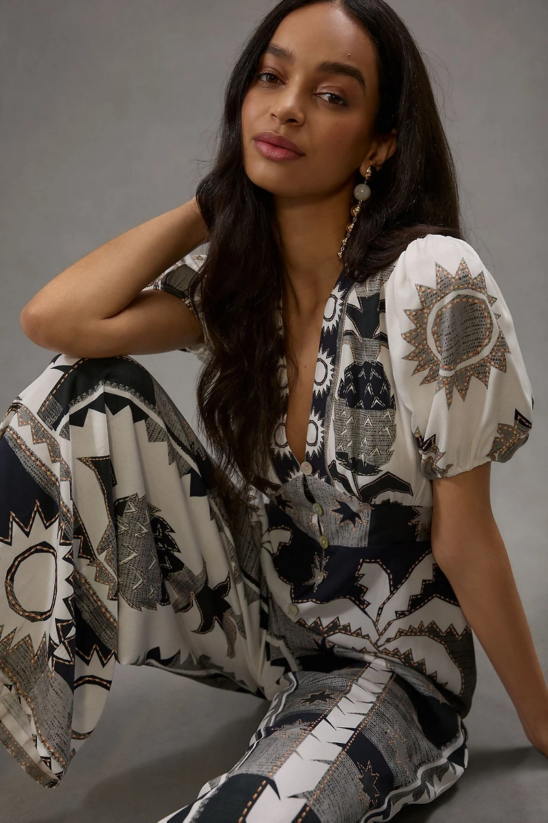 FARM Rio Puff-Sleeve Linen Jumpsuit