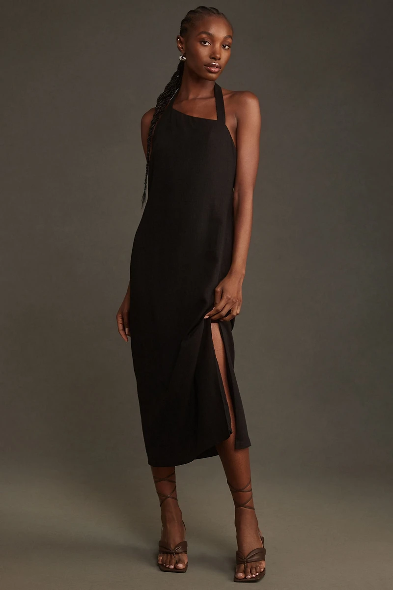 Linen Asymmetrical Halter Belt Back Column Midi Dress