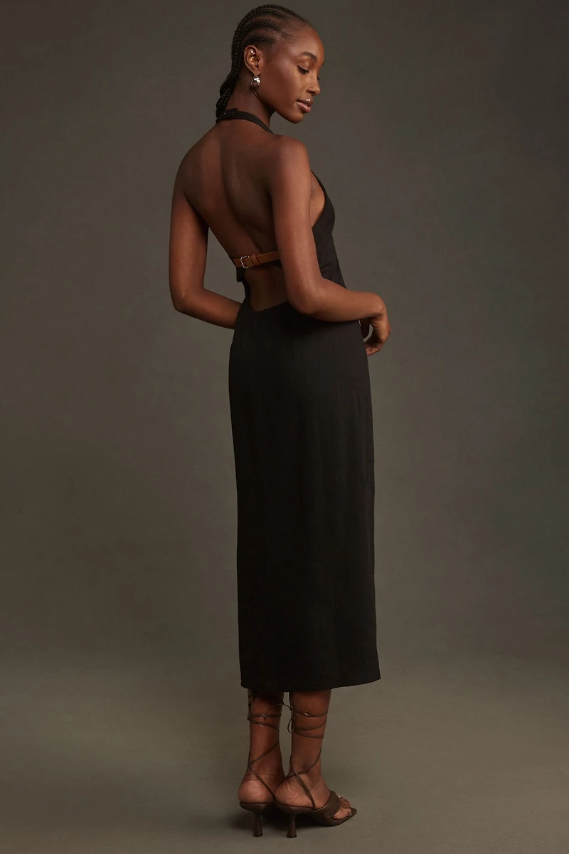 Linen Asymmetrical Halter Belt Back Column Midi Dress