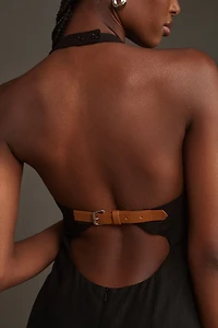 Linen Asymmetrical Halter Belt Back Column Midi Dress