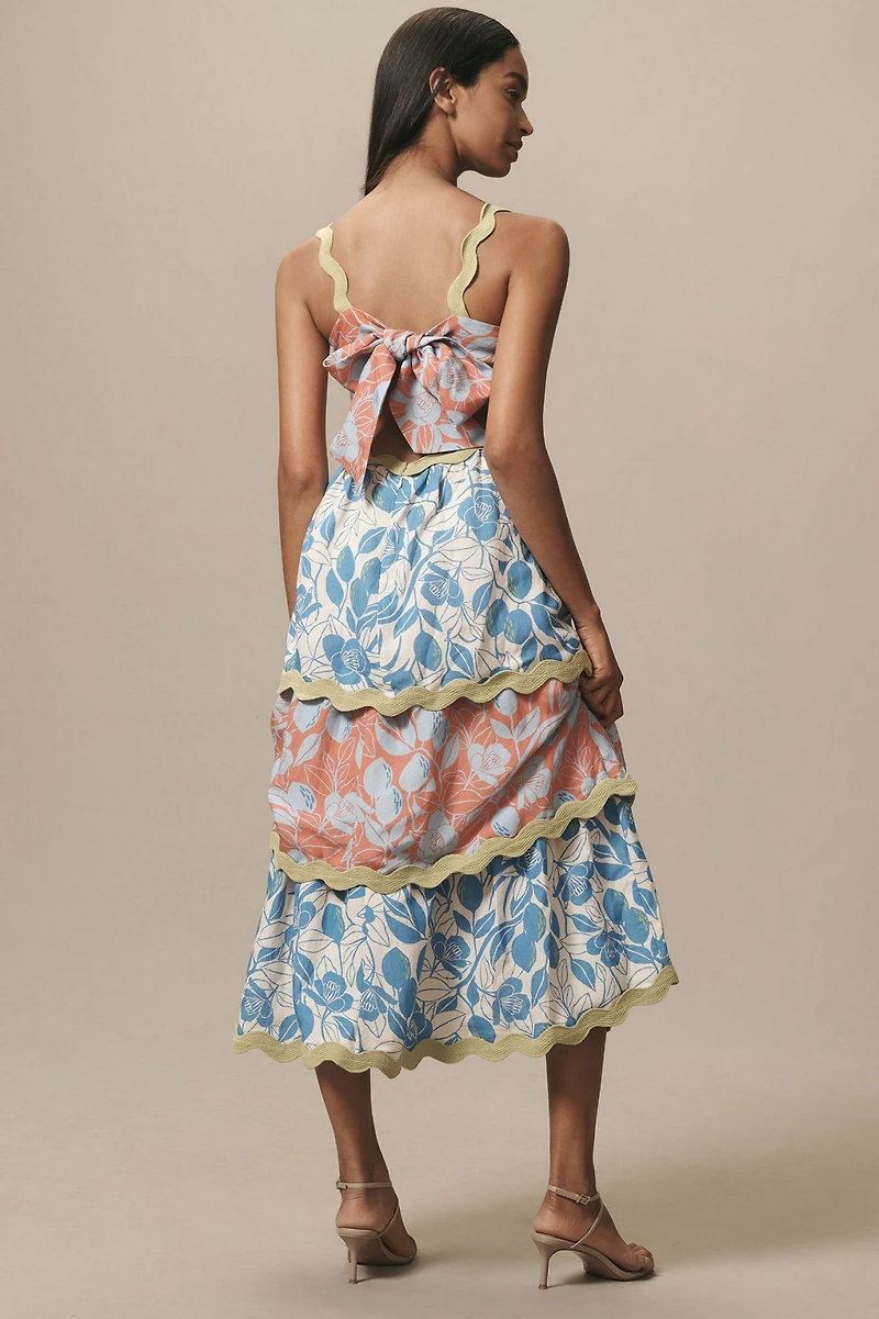 FARM Rio Linen Blend Tiered Ric Rac Midi Dress