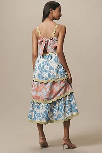 FARM Rio Linen Blend Tiered Ric Rac Midi Dress