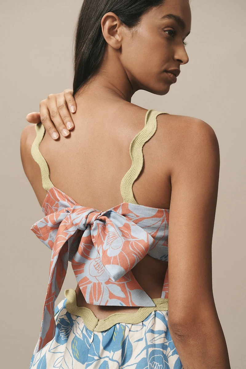 FARM Rio Linen Blend Tiered Ric Rac Midi Dress