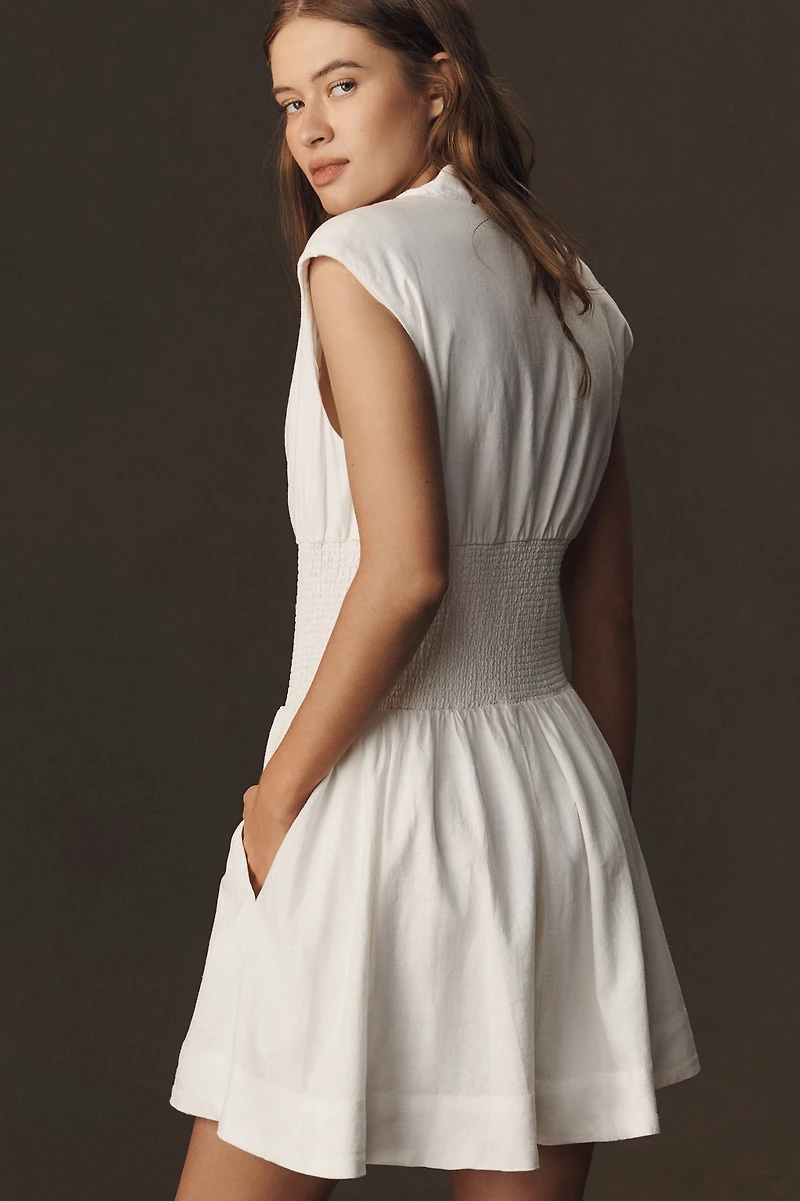 Maeve The Tommie Cap-Sleeve Smocked Front-Zip Shirt Dress: Linen Mini Edition