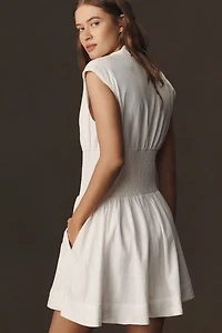 Maeve The Tommie Cap-Sleeve Smocked Front-Zip Shirt Dress: Linen Mini Edition