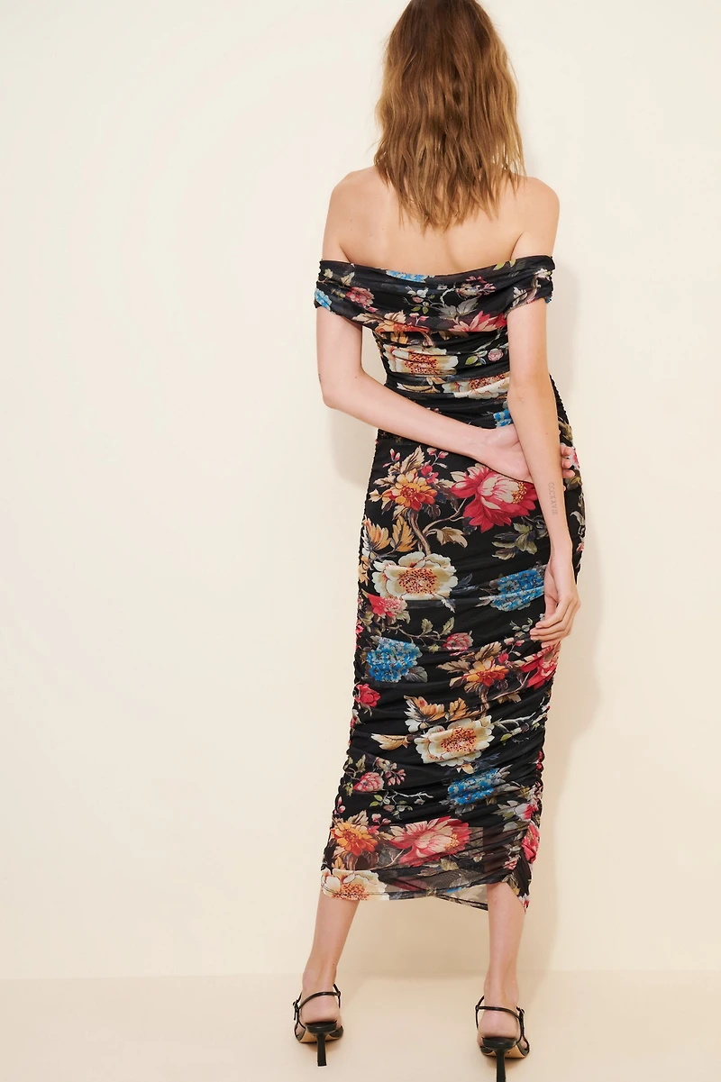BHLDN Off-Shoulder Gathered Mesh Slim Maxi Dress