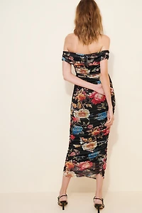 BHLDN Off-Shoulder Gathered Mesh Slim Maxi Dress