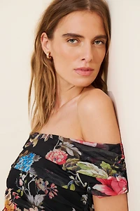 BHLDN Off-Shoulder Gathered Mesh Slim Maxi Dress