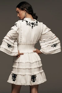 Embroidered V-Neck Ruffled Mini Dress