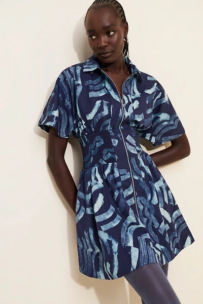 The Tommie Short-Sleeve Smocked Front-Zip Mini Shirt Dress