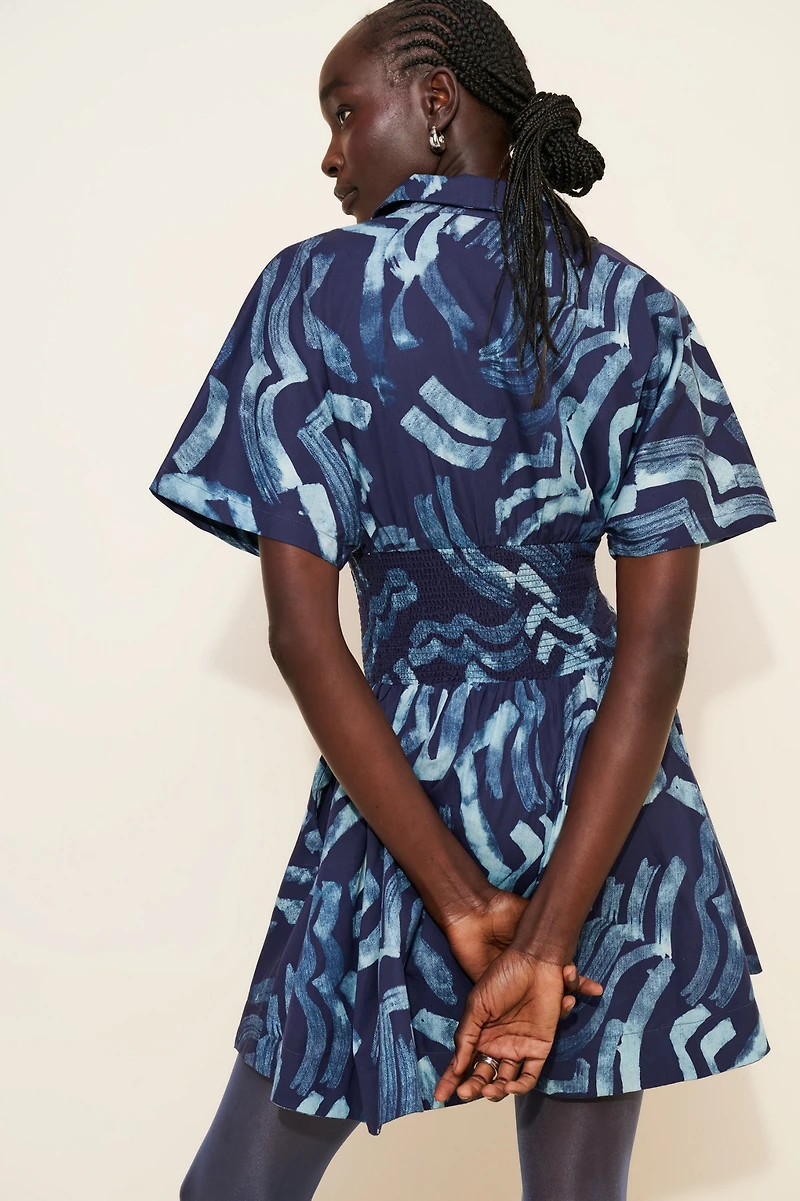 The Tommie Short-Sleeve Smocked Front-Zip Mini Shirt Dress