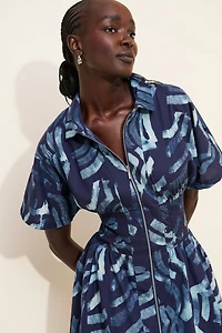 The Tommie Short-Sleeve Smocked Front-Zip Mini Shirt Dress
