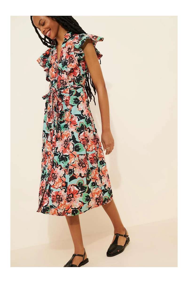 Maeve Flutter-Sleeve Midi Shirt Dress