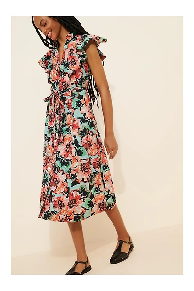 Maeve Flutter-Sleeve Midi Shirt Dress