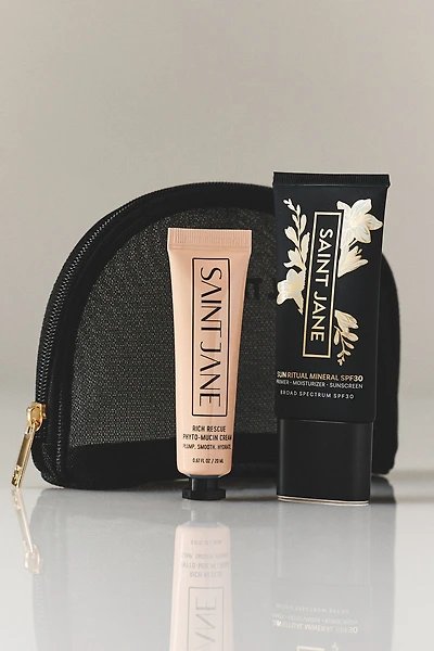 Saint Jane Sun Ritual Mineral SPF 30, Rich Rescue Phyto Mucin Cream, and Saint Jane Mesh Makeup Bag