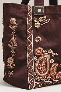 By Anthropologie Beaded 100% Cotton Canvas Tote Bag