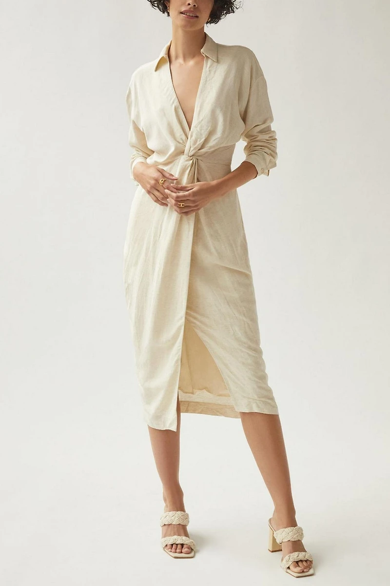 V-Neck Knot Front Midi Dress