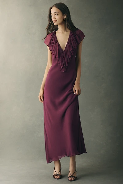 Geisha Deep-V Ruffle Maxi Dress