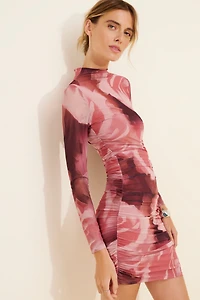 The Maya Ruched Cowl-Neck Dress: Long-Sleeve Mesh Mini Edition