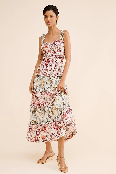 Sleeveless Square-Neck Ruffle Tiered Midi Dress