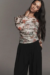 Maeve Printed Mesh Long-Sleeve Top