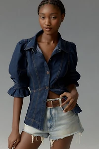 Puff-Sleeve Denim Buttondown Shirt