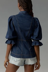 Puff-Sleeve Denim Buttondown Shirt