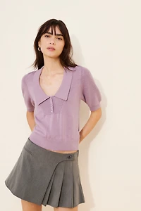 Maeve Short-Sleeve Collared Scoop-Neck Sweater