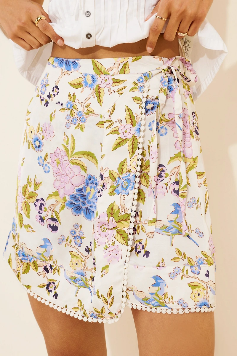 Maeve Printed Satin Wrap Mini Skirt