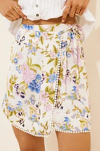 Maeve Printed Satin Wrap Mini Skirt