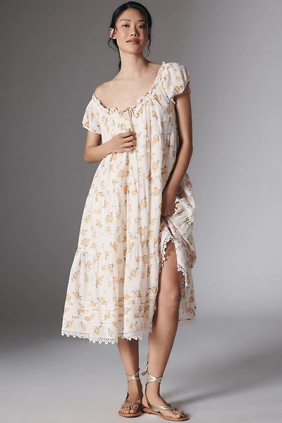 Short-Sleeve Scoop-Neck Midi Dress