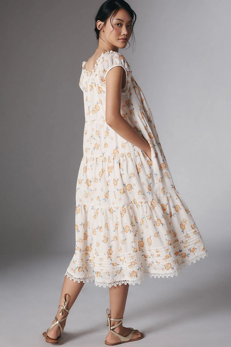Short-Sleeve Scoop-Neck Midi Dress